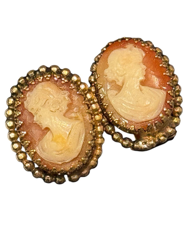 Vintage Carved Shell Cameo Clip on Gold Finish Earrings