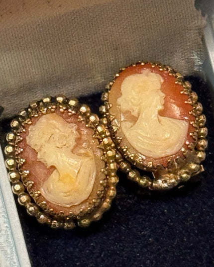 Vintage Carved Shell Cameo Clip on Gold Finish Earrings