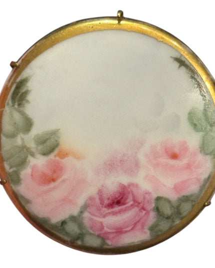 Antique  Brass  Ceramic Fabulous PINK ROSES Porcelain Hand Painted Brooch