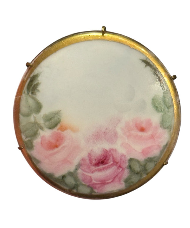 Antique  Brass  Ceramic Fabulous PINK ROSES Porcelain Hand Painted Brooch