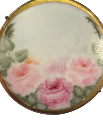 Antique  Brass  Ceramic Fabulous PINK ROSES Porcelain Hand Painted Brooch
