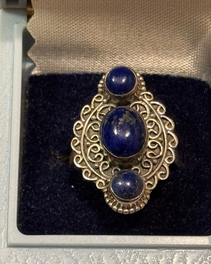 Elegant Sterling Silver 925 Vintage Blue Lapis Stone Scrollwork Handmade Ring