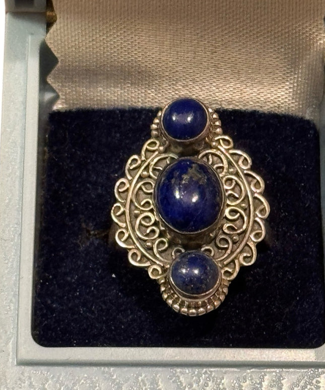 Elegant Sterling Silver 925 Vintage Blue Lapis Stone Scrollwork Handmade Ring