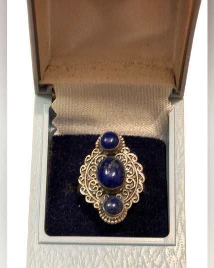 Elegant Sterling Silver 925 Vintage Blue Lapis Stone Scrollwork Handmade Ring