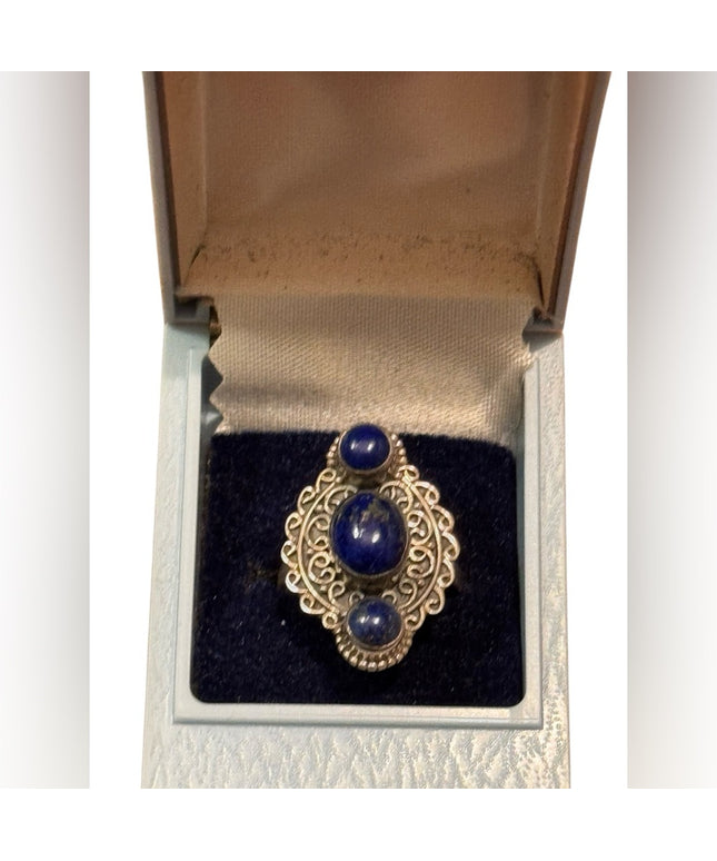 Elegant Sterling Silver 925 Vintage Blue Lapis Stone Scrollwork Handmade Ring