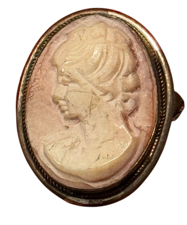 Elegant Vintage Sterling Silver 925 Pink Carved Shell Cameo Ring