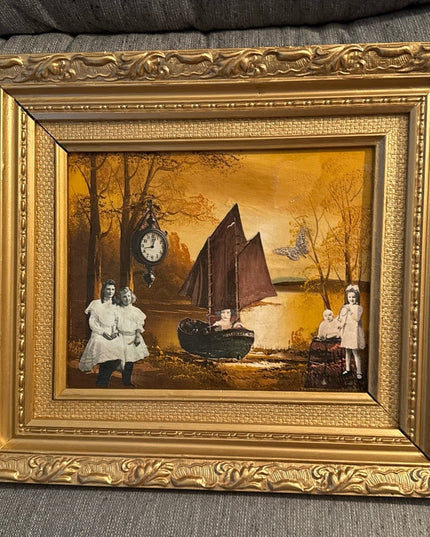 Vintage Painting Mixed Media Surreal Collage “Out of Time”