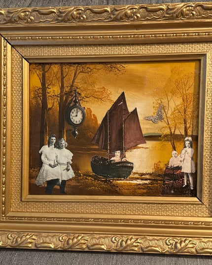 Vintage Painting Mixed Media Surreal Collage “Out of Time”