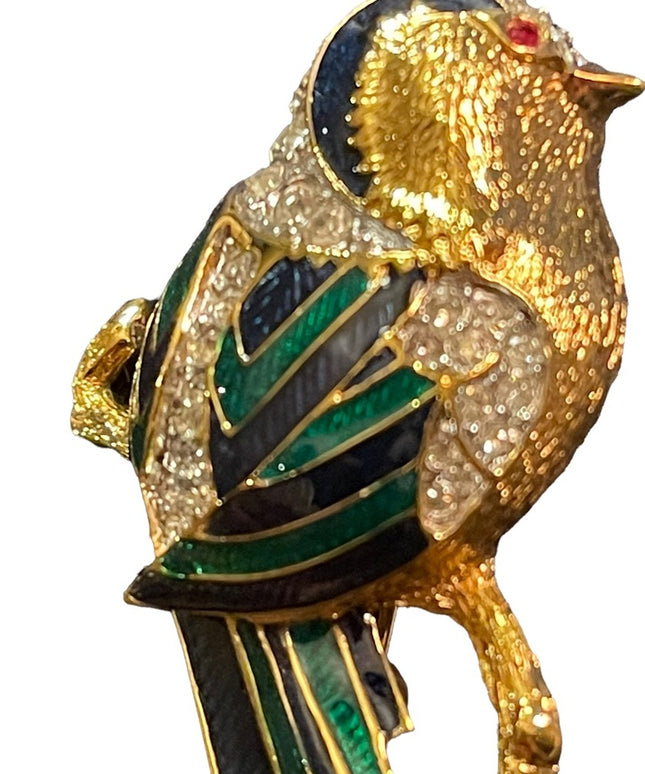 - Vintage 1980s Birds of Paradise Enameled Crystal Bird brooch