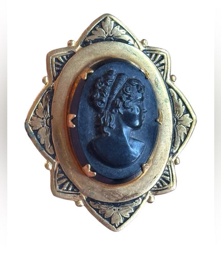 Vintage gold metal Black glass enamel mourning Cameo Brooch