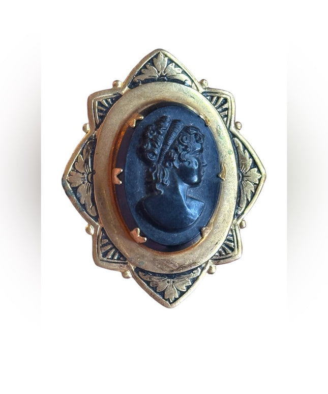 Vintage gold metal Black glass enamel mourning Cameo Brooch