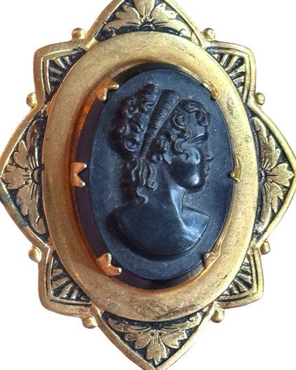 Vintage gold metal Black glass enamel mourning Cameo Brooch