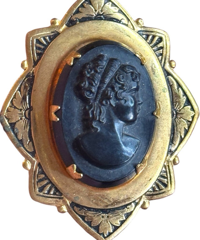 Vintage gold metal Black glass enamel mourning Cameo Brooch