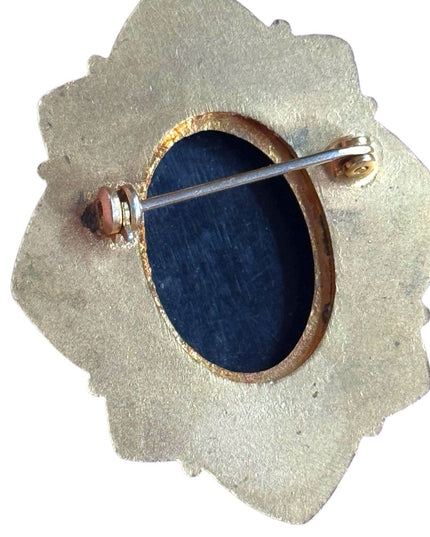 Vintage gold metal Black glass enamel mourning Cameo Brooch