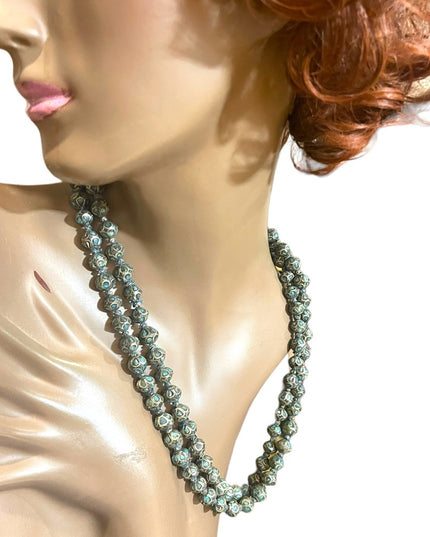 Antique Turquoise 800 Silver India Tibetan hand Beaded Necklace brass knotted