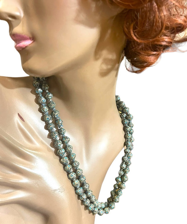 Antique Turquoise 800 Silver India Tibetan hand Beaded Necklace brass knotted