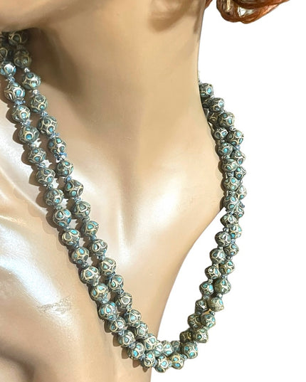 Antique Turquoise 800 Silver India Tibetan hand Beaded Necklace brass knotted
