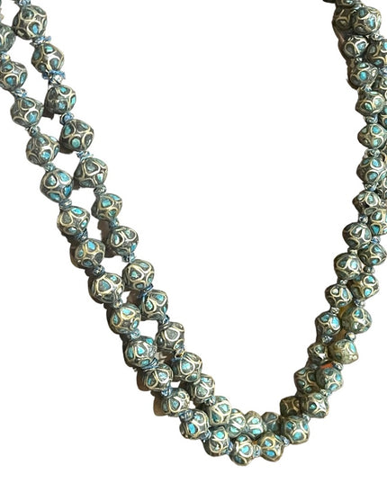 Antique Turquoise 800 Silver India Tibetan hand Beaded Necklace brass knotted