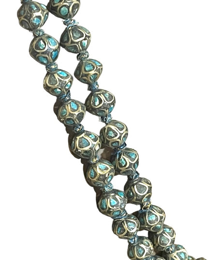 Antique Turquoise 800 Silver India Tibetan hand Beaded Necklace brass knotted