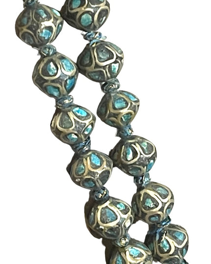 Antique Turquoise 800 Silver India Tibetan hand Beaded Necklace brass knotted