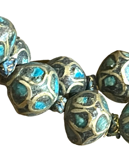 Antique Turquoise 800 Silver India Tibetan hand Beaded Necklace brass knotted
