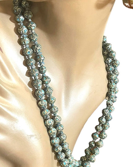 Antique Turquoise 800 Silver India Tibetan hand Beaded Necklace brass knotted