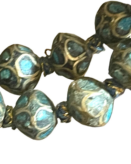 Antique Turquoise 800 Silver India Tibetan hand Beaded Necklace brass knotted