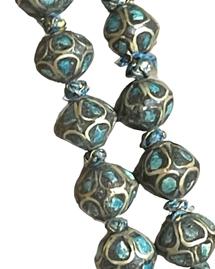 Antique Turquoise 800 Silver India Tibetan hand Beaded Necklace brass knotted