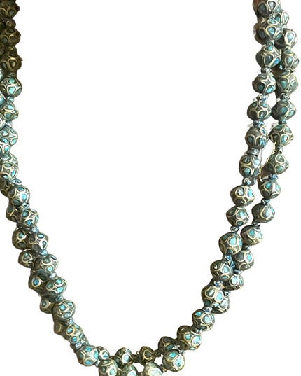 Antique Turquoise 800 Silver India Tibetan hand Beaded Necklace brass knotted