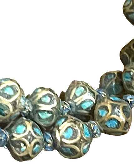 Antique Turquoise 800 Silver India Tibetan hand Beaded Necklace brass knotted