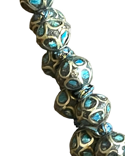 Antique Turquoise 800 Silver India Tibetan hand Beaded Necklace brass knotted