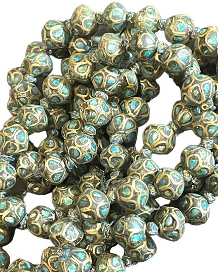 Antique Turquoise 800 Silver India Tibetan hand Beaded Necklace brass knotted