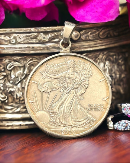 Coin Pendant 2000 1oz Fine Silver American Silver Eagle Dollar Sterling Pendant