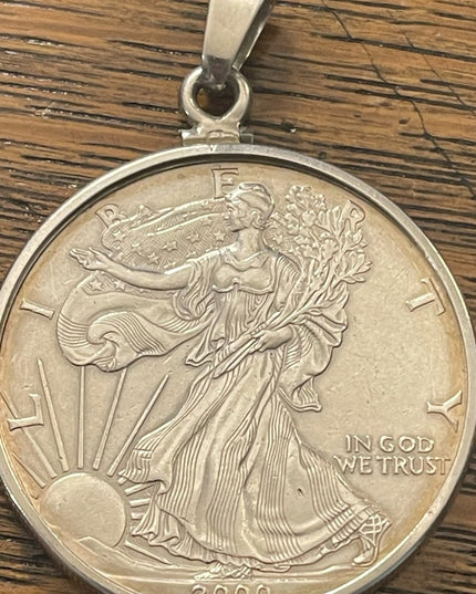 Coin Pendant 2000 1oz Fine Silver American Silver Eagle Dollar Sterling Pendant