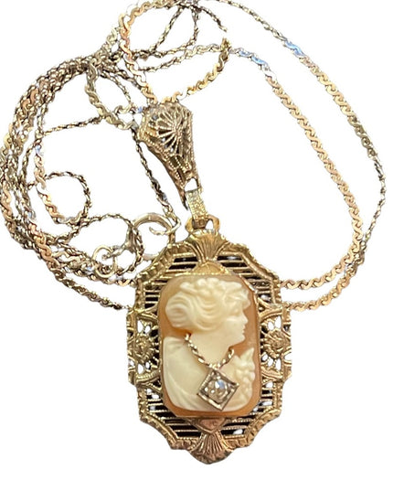Antique Sterling diamond lavalier pendant Shell Cameo necklace 925
