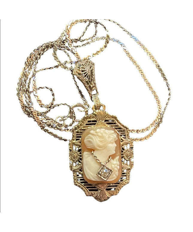 Antique Sterling diamond lavalier pendant Shell Cameo necklace 925