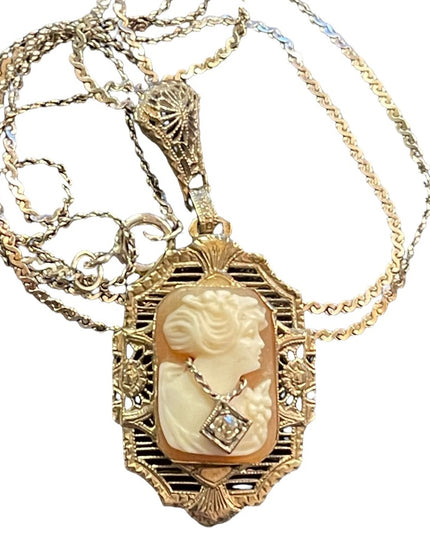 Antique Sterling diamond lavalier pendant Shell Cameo necklace 925