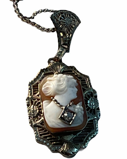 Antique Sterling diamond lavalier pendant Shell Cameo necklace 925