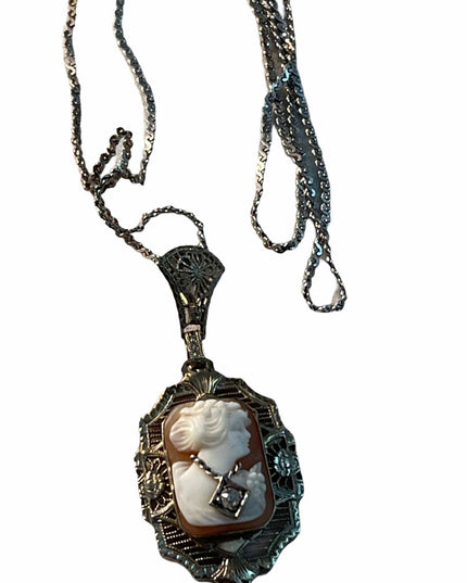 Antique Sterling diamond lavalier pendant Shell Cameo necklace 925