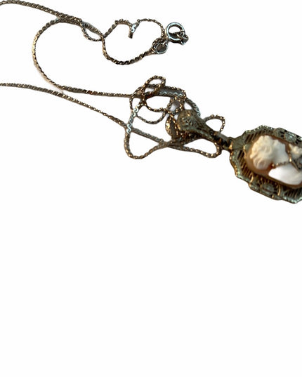 Antique Sterling diamond lavalier pendant Shell Cameo necklace 925