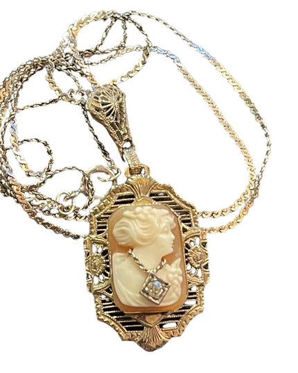 Antique Sterling diamond lavalier pendant Shell Cameo necklace 925