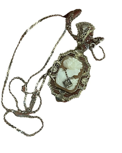 Antique Sterling diamond lavalier pendant Shell Cameo necklace 925
