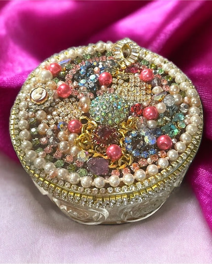 Vintage Bejeweled Trinket box crystals flowers glass dresser vanity