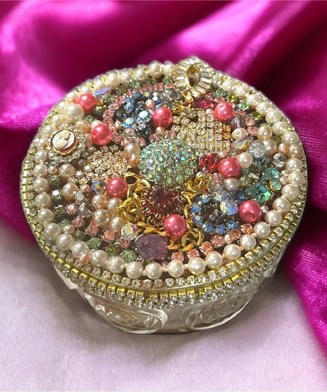 Vintage Bejeweled Trinket box crystals flowers glass dresser vanity