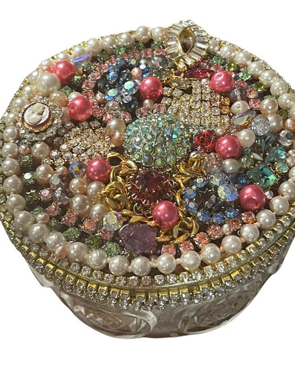 Vintage Bejeweled Trinket box crystals flowers glass dresser vanity