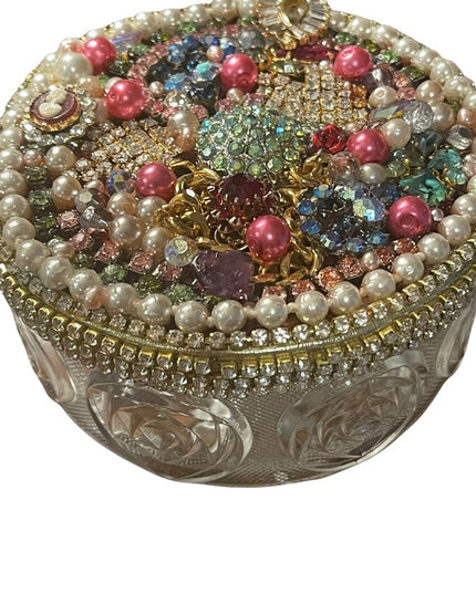 Vintage Bejeweled Trinket box crystals flowers glass dresser vanity