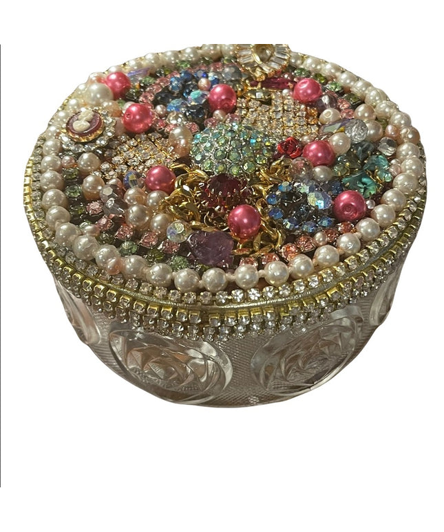 Vintage Bejeweled Trinket box crystals flowers glass dresser vanity