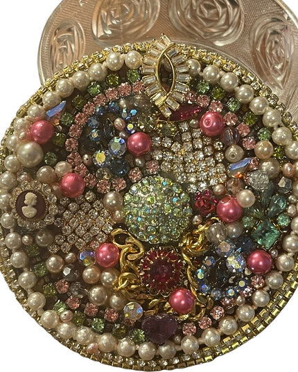 Vintage Bejeweled Trinket box crystals flowers glass dresser vanity