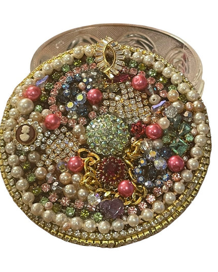 Vintage Bejeweled Trinket box crystals flowers glass dresser vanity