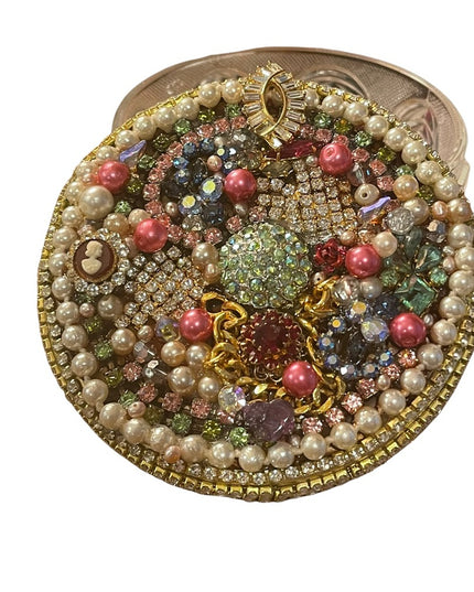 Vintage Bejeweled Trinket box crystals flowers glass dresser vanity